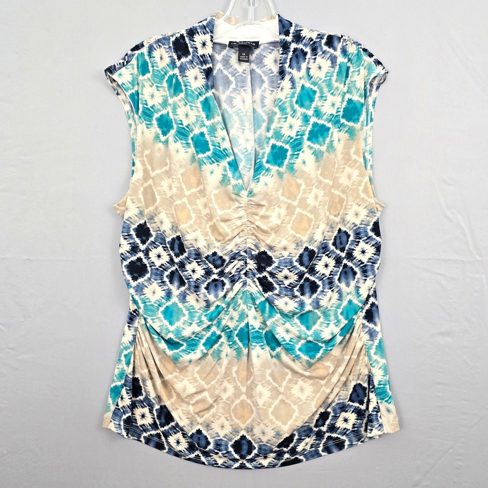 I.N. Studio V-Neck Ruch Sleeveless Multicolor Print Top Blue White‎ 1X